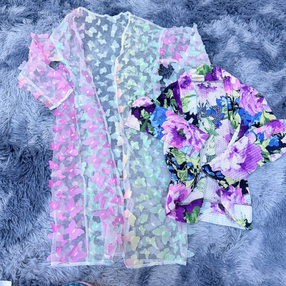 3T swim coverup bundle sheer long 3D butterfly and floral bolero mid-length